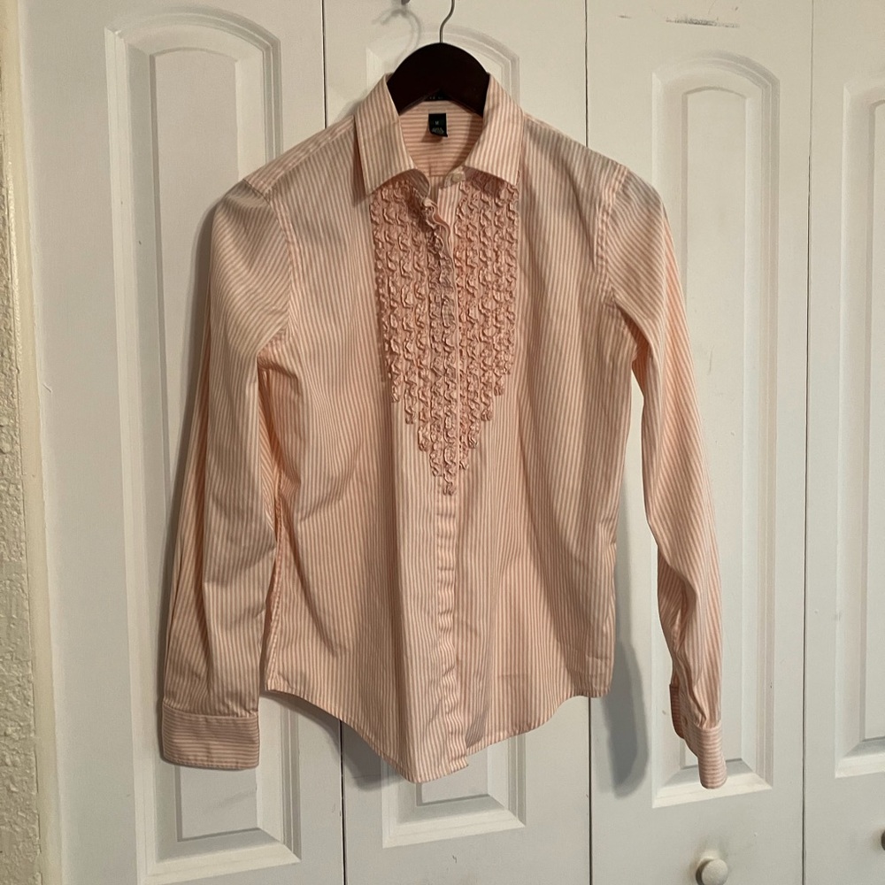 Ralph Lauren pink pinstriped women’s Blouse with ruffles
